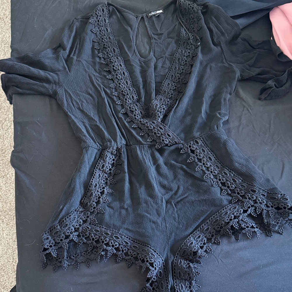 Fashion Nova Charcoal Lace Detail Romper
